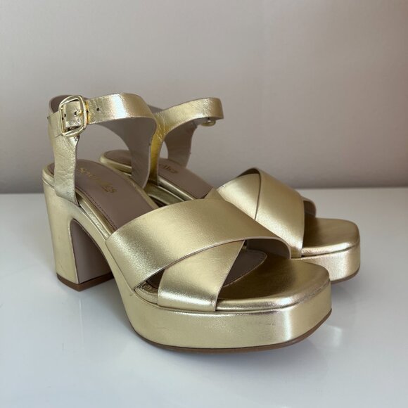 Seychelles - Gold Leather Platform Block Heel Sandals - Size 8 Women's NEW - Picture 5 of 9